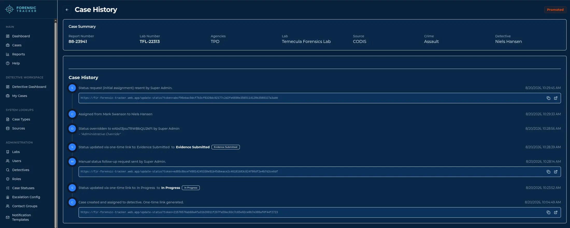 Forensic Tracker case history screen showing a case summary and a timestamped timeline of escalation events including status requests, detective reassignment, administrative override, one-time link status updates, and case creation