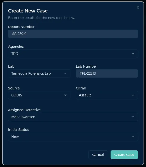 Forensic Tracker Create New Case dialog with fields for report number, agency, lab, lab number, source such as CODIS, crime type, assigned detective, and initial status