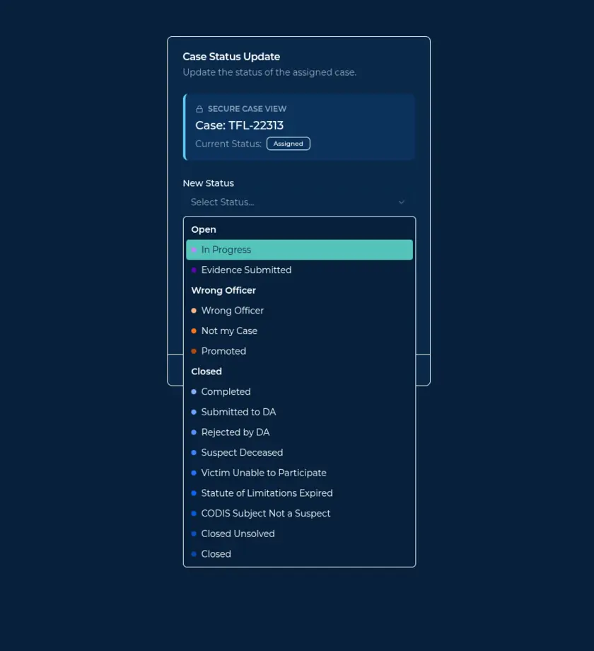 Forensic Tracker secure case status update form for detectives showing case TFL-22313 with current status Assigned and a dropdown of new statuses grouped by Open, Wrong Officer, and Closed